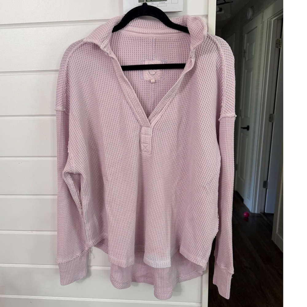 Aerie Womens Waffle Knit Henley Pullover Lilac Purple Long Sleeve Top Size S/P